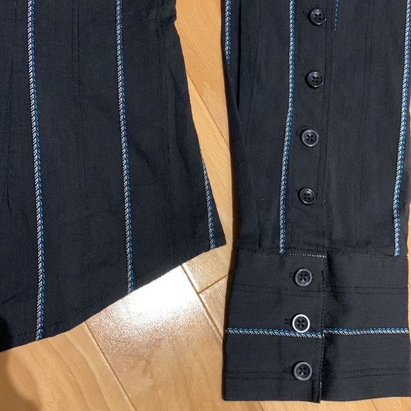 VEUC Le Chateau Button Up Blouse -Black w Blue & Silver Striped Detail - size L - Picture 3 of 14